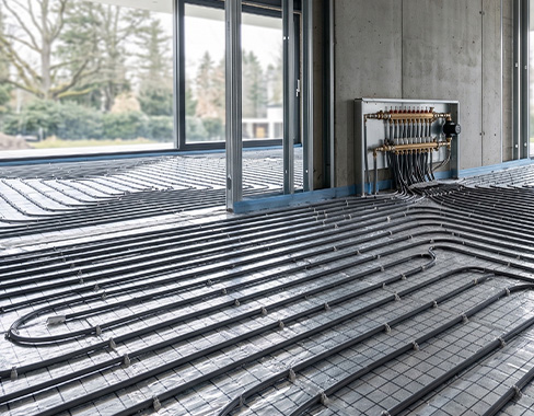 Underfloor heating installation with visible pipes and a control panel in a spacious room.