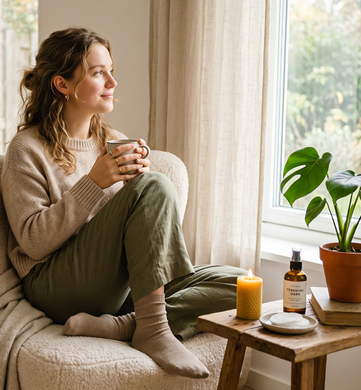 Woman enjoying a warm drink while sitting by a window with a plant and candle.