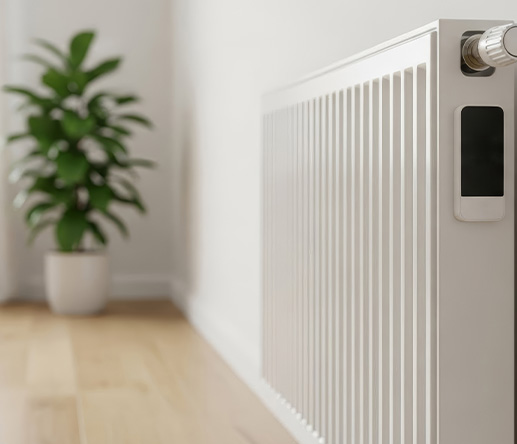 Modern white radiator in a bright room with a potted plant nearby