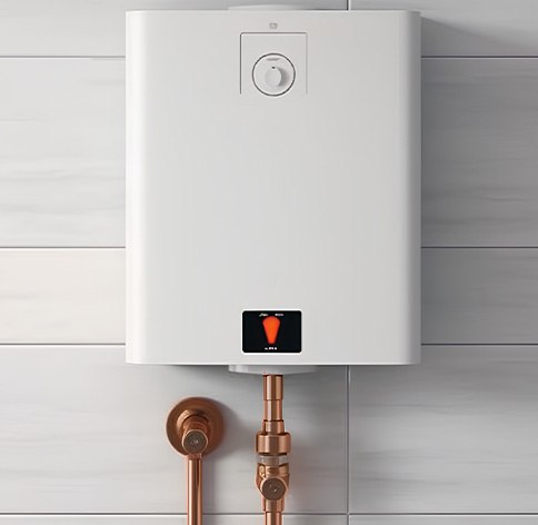 Modern boiler installation with clear display and copper plumbing connections.