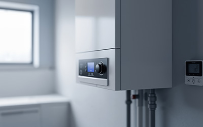Modern boiler installation in a bright kitchen with control panel and piping.