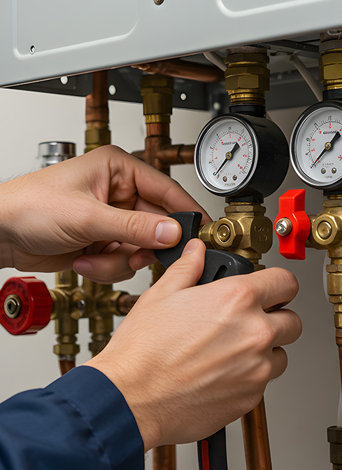 Hands adjusting a valve on a boiler with pressure gauges visible.